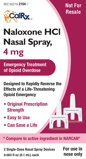 Packaging for CalRx Naloxone HCl Nasal Spray, showing the product name, dosage, and brand logo.