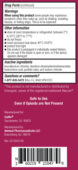 Drug facts panel #3 from the CalRx Nalxone Nasal Spray carton, showing Warnings, Other Information, Inactive Ingredients and a phone number to call with questions. 1-877-835-5472 M-F 9 to 5 Eastern time.