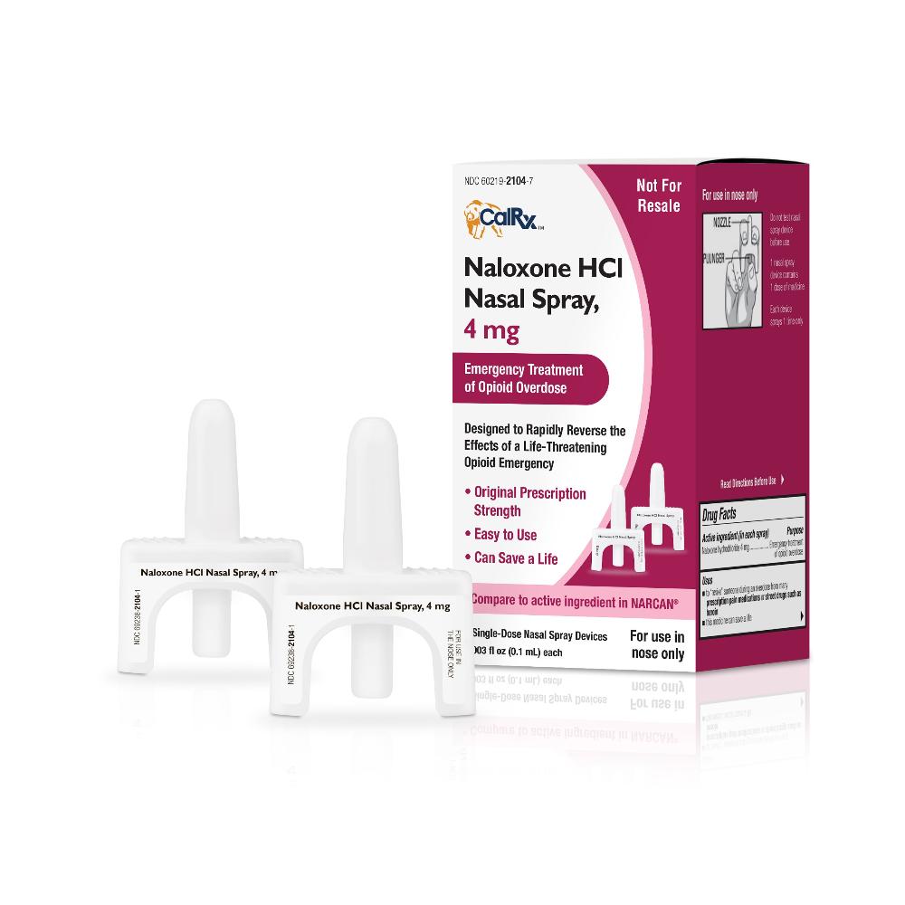 Packaging and two spray devices for CalRx Naloxone HCl Nasal Spray, showing the product name, dosage, and brand logo.
