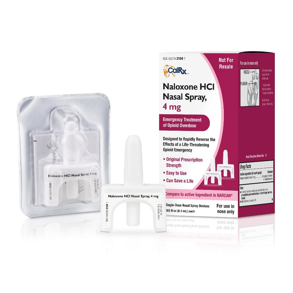 Packaging and spray devices for CalRx Naloxone HCl Nasal Spray, showing the product name, dosage, and brand logo. One sprayer is still inside its blister pack and the other stands alone, with no packaging.