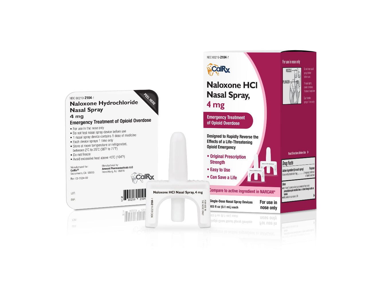 Packaging and spray devices for CalRx Naloxone HCl Nasal Spray, showing the product name, dosage, and brand logo. Back of the blister pack is visible for one spray device, showing product name, dosage, brand logo, and bullet points from the outer carton.